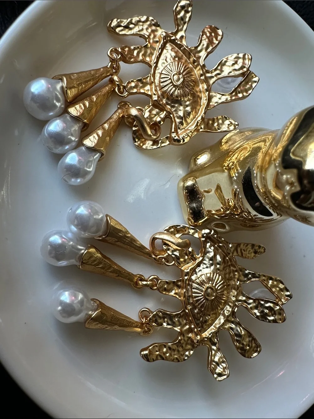 Gold Eye Motif Dangle Earrings with White Pearl Drops